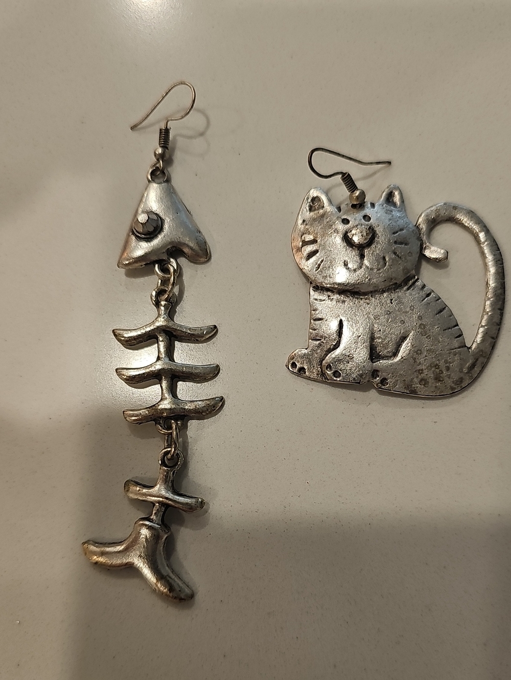 Silver Cat & Fishbone Dangle Earrings - Silver Cat Jewelry